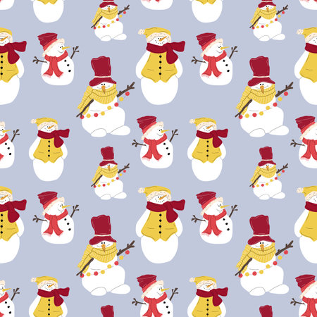 Seamless pattern with Set of Cute Christmas snowmen in hats and scarves. funny characters. Flat vector illustration.のイラスト素材