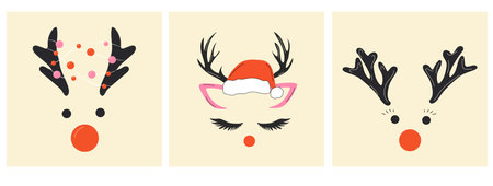 Set of three faces of a cute Christmas deer with a garland.Vector in cartoon style. All elements are isolatedのイラスト素材