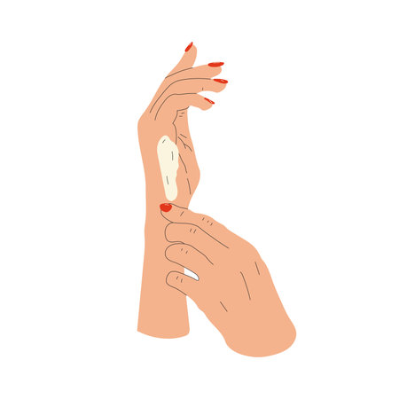 Female hands with cream. Woman applying treatment lotion. hand drawn vector illustrationのイラスト素材