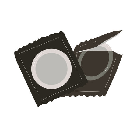 Vector black condom and package icon. Contraception concept. Sealed and unsealed condom isolated on white background.のイラスト素材