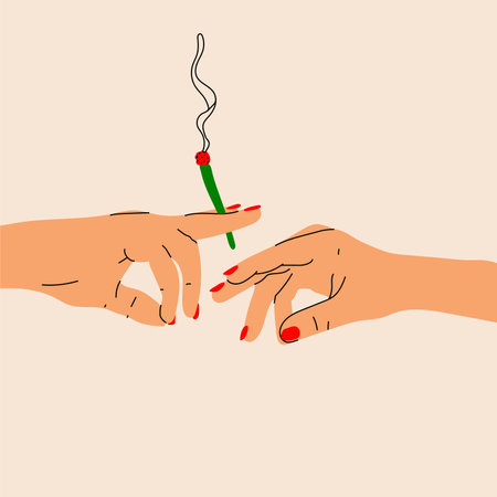 Hands holding a cigarette and pass to the other hand. vector in cartoon style. All elements are isolatedのイラスト素材