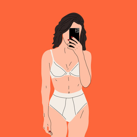 A beautiful young woman takes a selfie in her underwear. hand drawn vector illustration. cartoon style.のイラスト素材