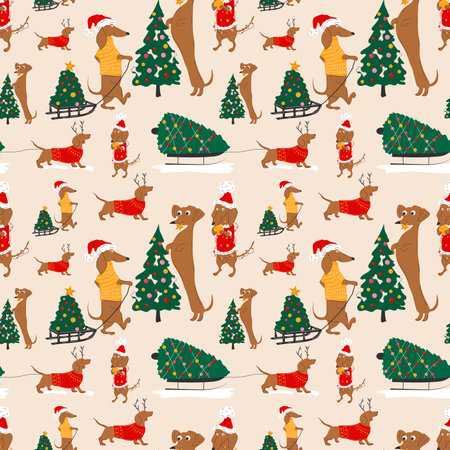 seamless pattern with Dachshunds dogs and Christmas trees vector illustrationのイラスト素材