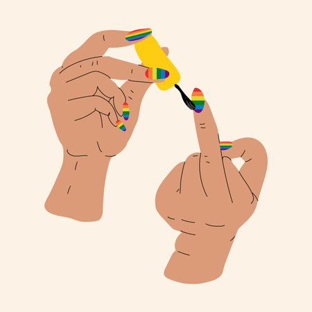 A hand paints the nail in the lgbt flag on the middle finger. Vectorのイラスト素材