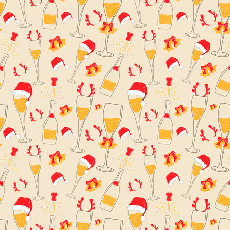 Seamless pattern with Champagne glasses with Christmas accessories. Santa hat, deer horns, bellsのイラスト素材