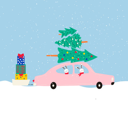 The car in which mascots 2023 rabbits sit, carries Christmas trees and gifts. Vector, postcardのイラスト素材
