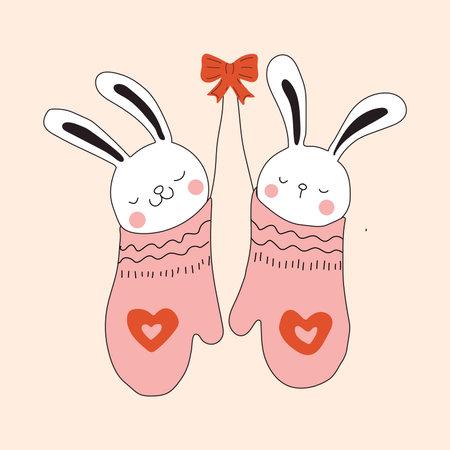 Draw character cute rabbits sleep in Christmas sock for Christmas day and new year.Draw doodle cartoon style. All elements are isolatedのイラスト素材