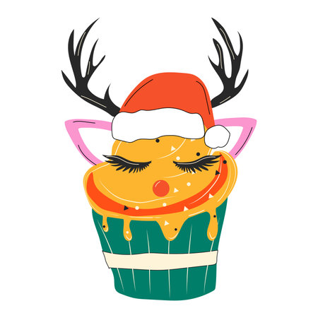 Cupcakes of face of a cute Christmas deer. Flat design vector illustration.Cartoonのイラスト素材