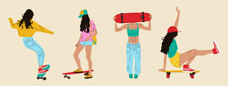 The skateboarders set. Girl surf on skateboard or longboard. Used for flyer, banner sporting events, packing sports goods. Cartoon flat vector illustration isolated objectのイラスト素材