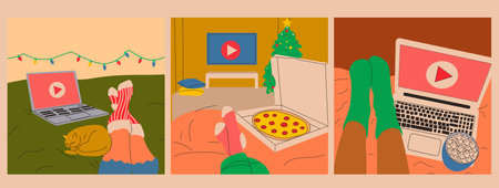 Set of three Woman lies on the bed and watches series. vector in cartoon style. All elements are isolatedのイラスト素材