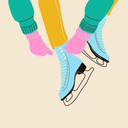 Girls in gloves puts on Pair of colorful Ice skates. modern vintage. vector illustrationのイラスト素材