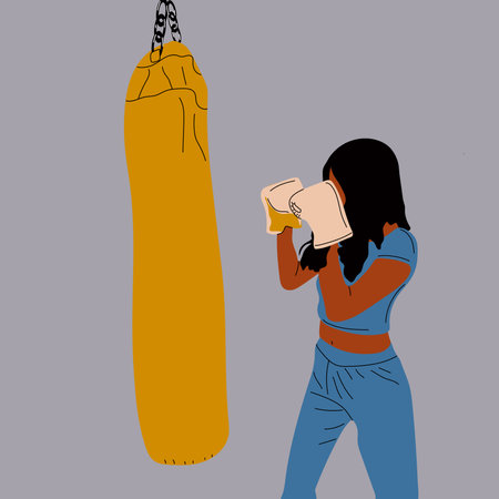 Woman in boxing gloves posing at punching bag in sportswear. girl power concept. cartoon vector illustrationのイラスト素材