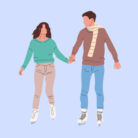 Couple skating. People on ice, winter outdoor activities. Happy sport man woman, active holiday dating vector illustration. Active happy woman and man ride ice-skatingのイラスト素材
