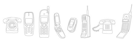 Vector vintage means of communication line drawing set. Retro black and white collection old phonesのイラスト素材