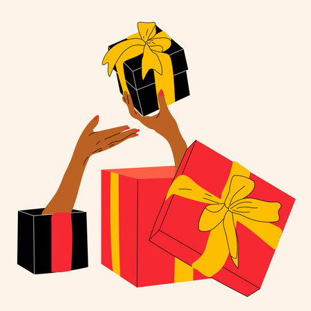 Hands holding present box decorated with bow vector illustration. Promotions and bonuses keep customers interested. best offerのイラスト素材
