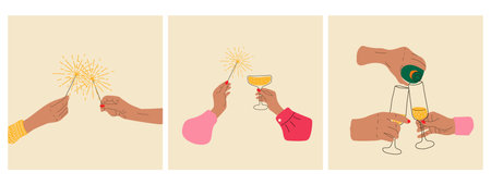 Set of three Celebration of the new year. Hands hold champagne and sparklersのイラスト素材