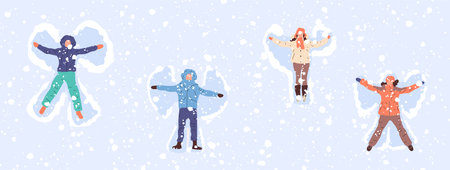 Set Happy People Making Snow Angel. vector in cartoon style. All elements are isolatedのイラスト素材