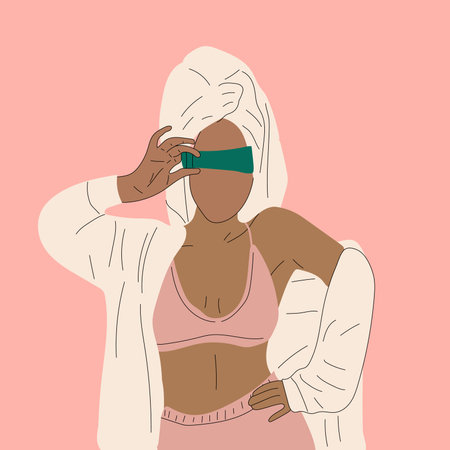 Beautiful woman in bathrobe and turban with cream . Lady having beauty day on weekend. Spa, relaxation concept. Hand drawn vector illustration. cartoon styleのイラスト素材