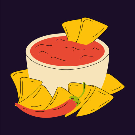 Nachos and chili pepper salsa vector isolated icon. Mexico nacho chips fast food snackのイラスト素材