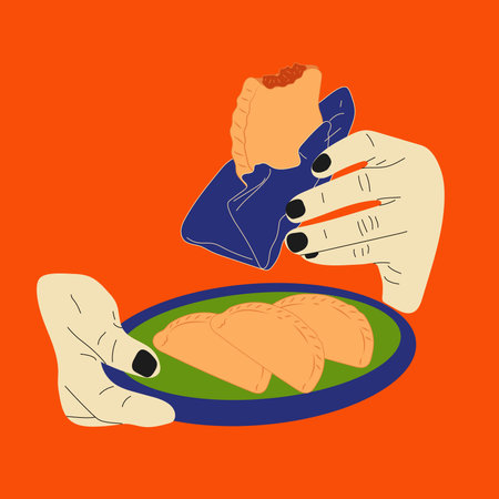 Hand holds empanada. Latin American food empanadas in plate. vector in cartoon style. All elements are isolatedのイラスト素材