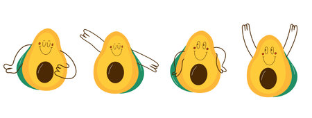 Set Avocado with face emotions, hands and legs. Hand drawn trendy Vector illustration for kids. Cute...