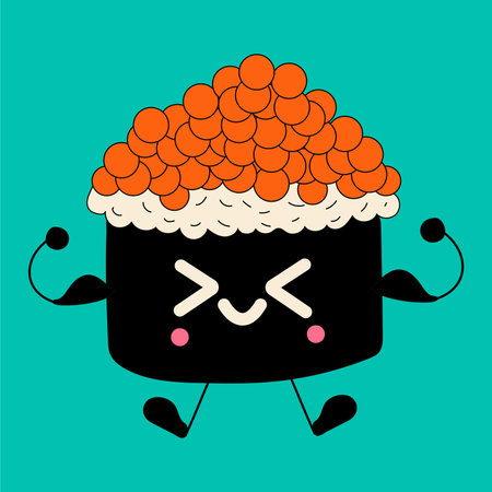 Cute happy funny smiling sushi roll with kawaii eyes. vector in cartoon style. All elements are isolatedのイラスト素材