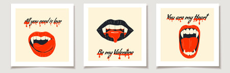 Set of Valentine's day Vampire mouth with fangs set. Closed, open female red lips with long pointed canine teeth and bloody saliva express different emotions. Kiss illustration.のイラスト素材