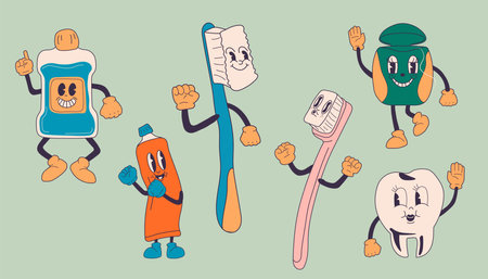 Dental instruments and teeth hygiene items in retro cartoon style illustration, vintage character vector illustration isolated on white background. Toothpaste, brush, floss, mouthのイラスト素材