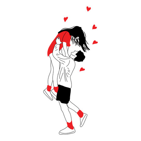 Love tenderness and romantic feelings concept. Young loving smiling couple boy and girl standing hugging each other feeling in love illustrationのイラスト素材