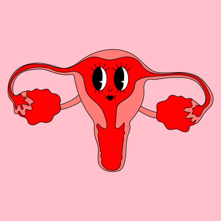 Retro funny mascot character -. 40s, 50s, 60s old animation style. organ character female reproductive system uterus cervix ovaries and fallopian tubes anatomy biology medicine.のイラスト素材
