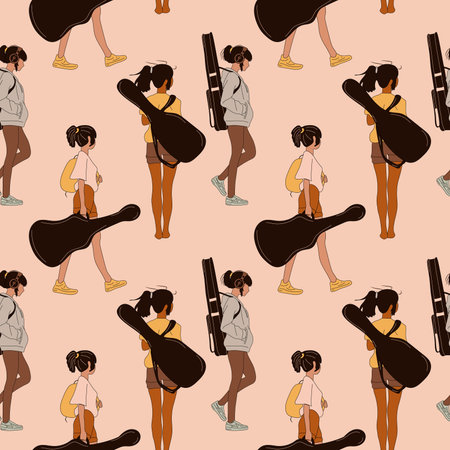 Seamless pattern with Set Teen Girl with Guitar Case. vector illustration. anime styleのイラスト素材