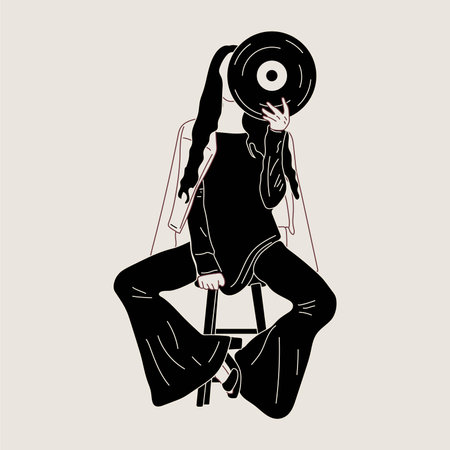 Girl holds an old vinyl record in her hands .Retro fashion style from 80s. Vector illustrations in black and white colors.のイラスト素材