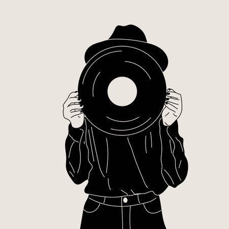 Girl holds an old vinyl record in her hands .Retro fashion style from 80s. Vector illustrations in black and white colors.のイラスト素材