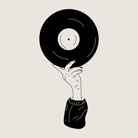 Hand holds an old vinyl record in her hands.Retro fashion style from 80s. Vector illustrations in black and white colors.のイラスト素材