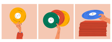 Set of three illustrations Hand holds an old vinyl record in her hands .Retro fashion style from 80s. Vector illustrations in trendy colors.のイラスト素材