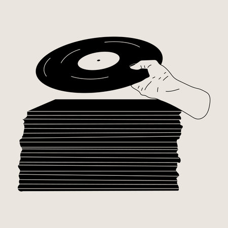 Hand holds an old vinyl record in her hands.Retro fashion style from 80s. Vector illustrations in black and white colorsのイラスト素材