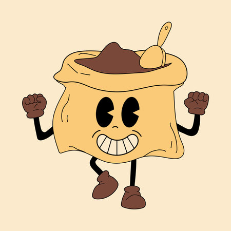 Retro Bag of coffee beans 30s cartoon mascot character -. 40s, 50s, 60s old animation style. Hand drawn modern Vector illustration. isolated coffee elementのイラスト素材
