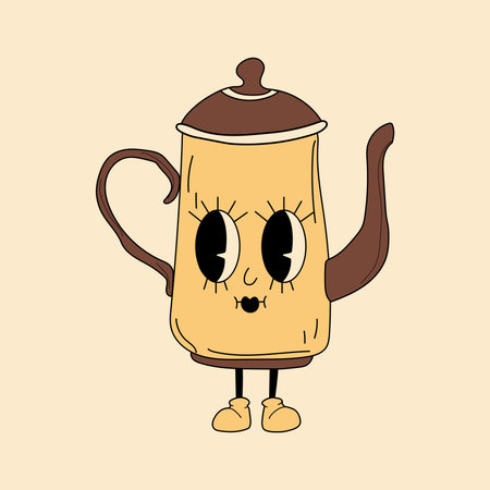 Retro kettle of coffee 30s cartoon mascot character -. 40s, 50s, 60s old animation style. Hand drawn modern Vector illustration. isolated coffee elementのイラスト素材
