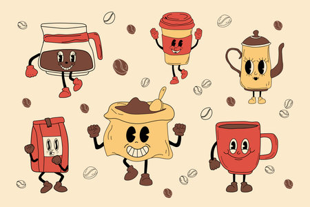 Retro set coffee 30s cartoon mascot character -. 40s, 50s, 60s old animation style. Hand drawn modern Vector illustration. isolated coffee elementのイラスト素材