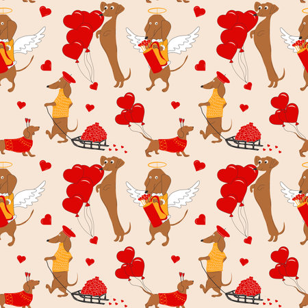 Seamless Pattern with Dachshunds dogs pulls a hearts, valentines on a sleigh and decorate balloons in the shape of a heart.のイラスト素材
