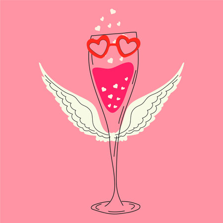 Glass of champagne decorated for Valentine's Day. love. All elements are isolatedのイラスト素材