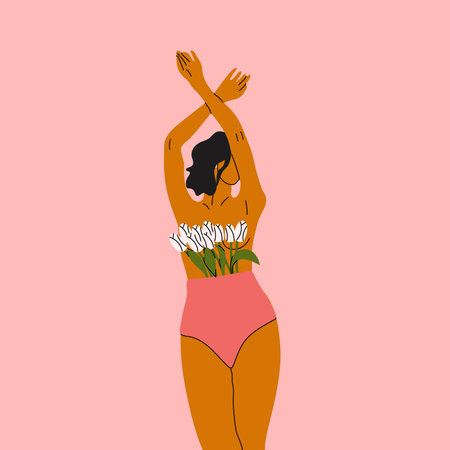 Female blooming from within flat vector illustration. Nude woman with flowers growing from chest. Femininity, feminism, prosperity and self love concept.の写真素材