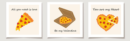 Set of Valentine's day cards with Set of three Pizza in the form of a heart. Love, Valentine's Day.のイラスト素材