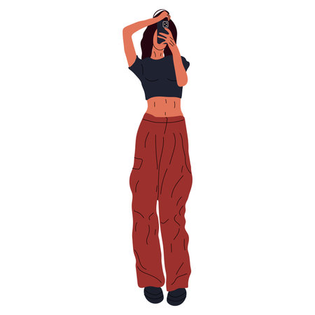 Beautiful young woman in a fashionable clothes style 90s 2000s in full growth posing takes off herself on a smartphone. hand drawn sketch. vector illustration.のイラスト素材