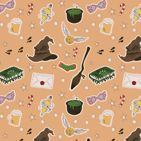 Seamless Pattern with Stickers with magic items. Hat, broom, snitch, potion, cauldron, butterbeer, monster book.の写真素材