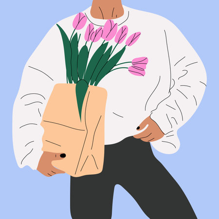 Bouquet hand holding tulips. March 8 Valentine's Dayのイラスト素材