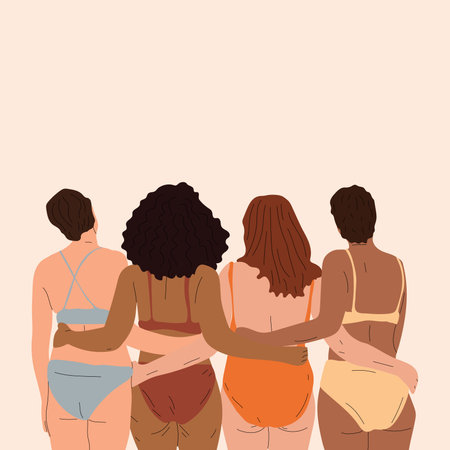 Body, different and diversity with underwear, women with fitness and beauty, equality and inclusivity with body positive and empowerment. Happy, age and wellness with motivation, hのイラスト素材