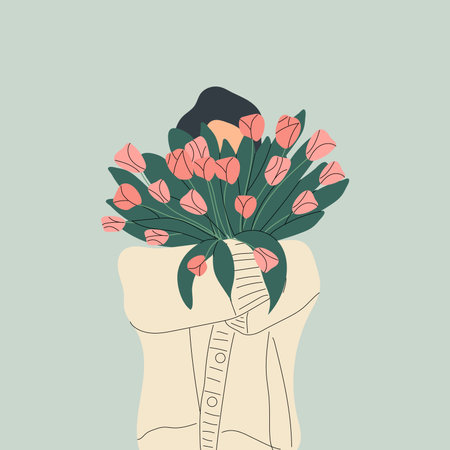 A woman is holding a bouquet of tulips. Femininity, feminism, prosperity and self love concept.のイラスト素材