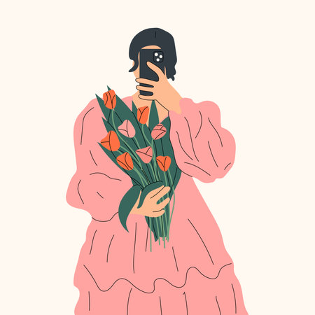 A woman is holding a bouquet of tulips. Femininity, feminism, prosperity and self love concept.のイラスト素材