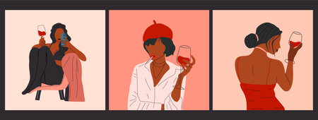 Set of three Abstract portrait of a woman with glasses of wine. Female drinks wine. Minimalist wine lovers. Trendy vector illustration isolated on white backgroundのイラスト素材